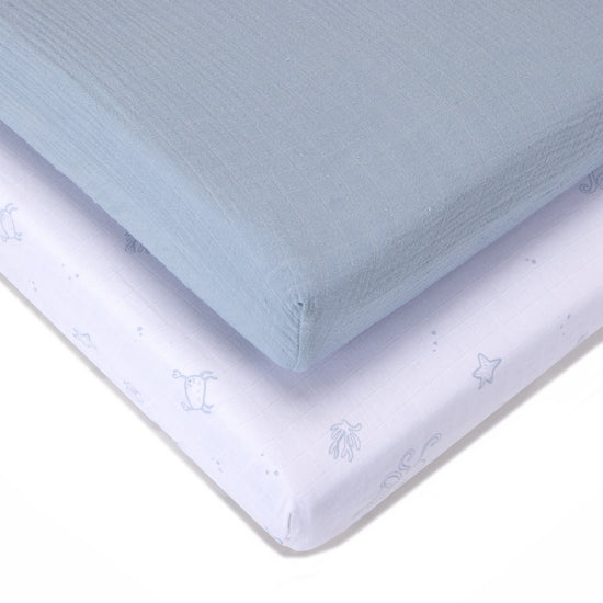 2 Pack Muslin Sheets  Under the Sea - Cot - 60 x 120cm